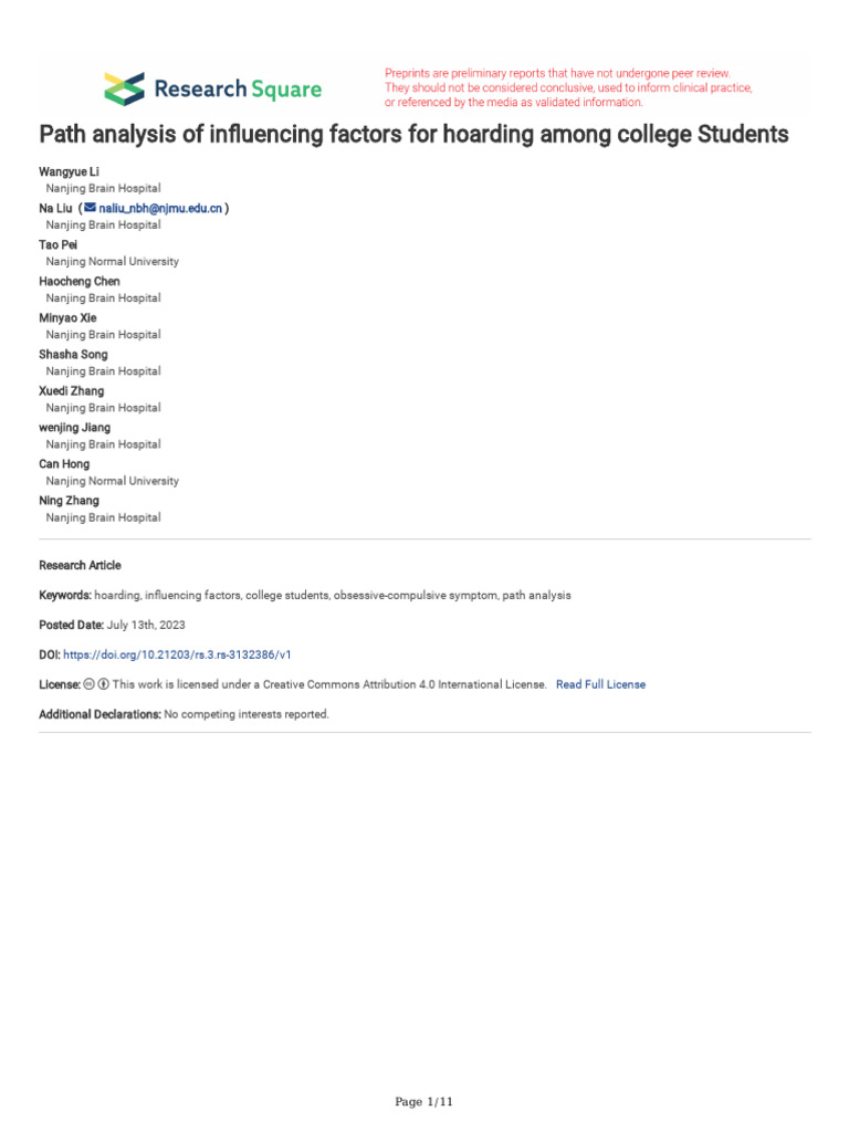 BF. Path Analysis of Influencing Factors For Hoarding Among College ...