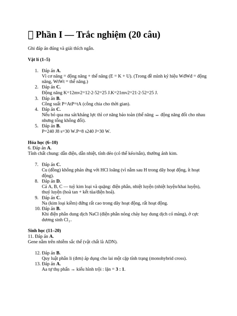 Đáp Án KHTN 1 | PDF