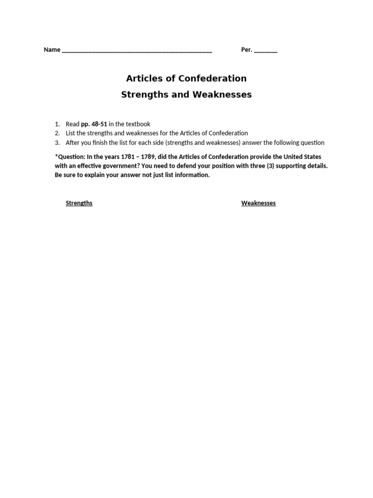 Articles of Confederation Strengths and Weaknesses | PDF