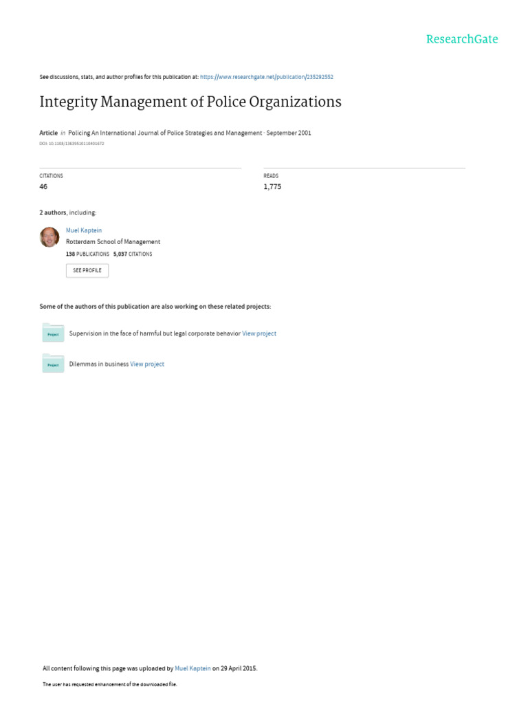 Integrity Management in Police Organizations | PDF | Integrity | Police
