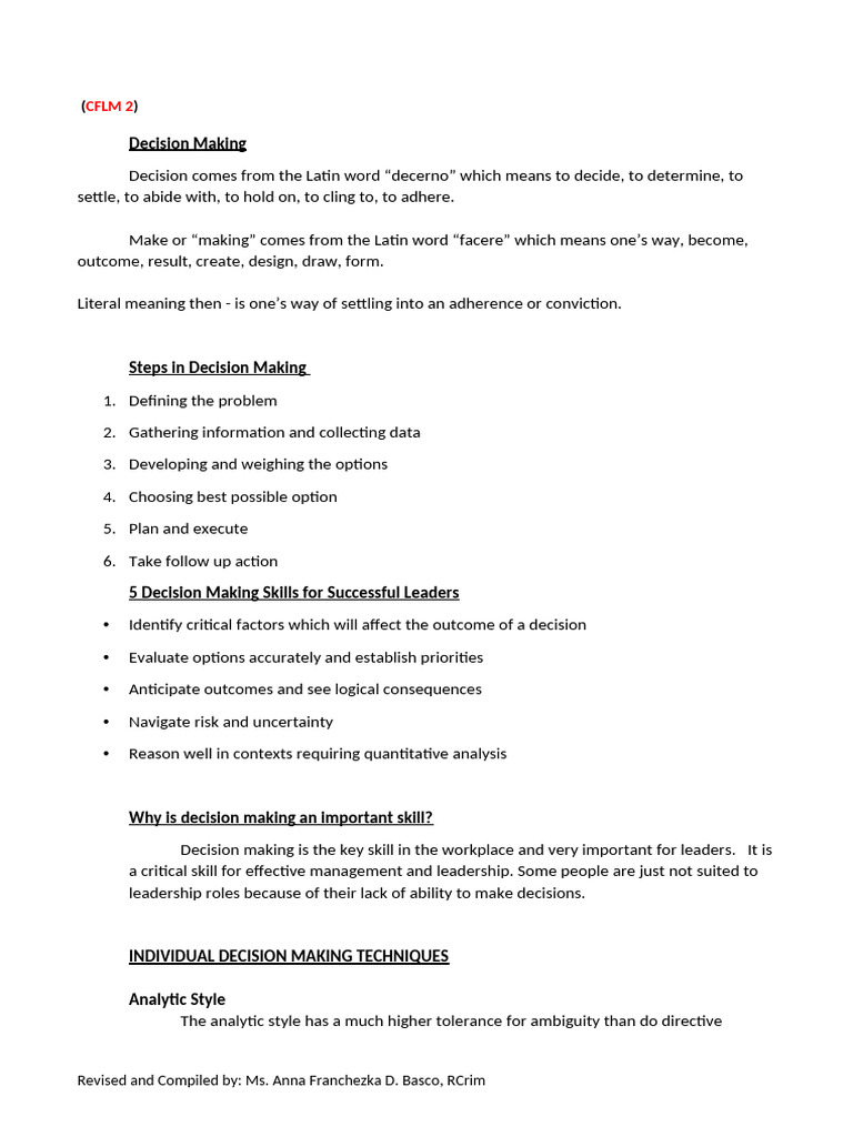 Decision Making Management Styles Notes CFLM | PDF | Decision Making ...