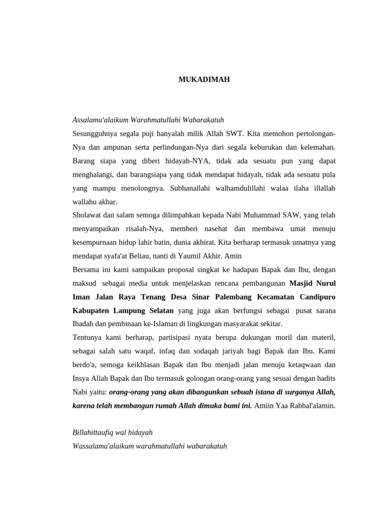 Proposal Pembangunan Masjid Nurul Iman | PDF