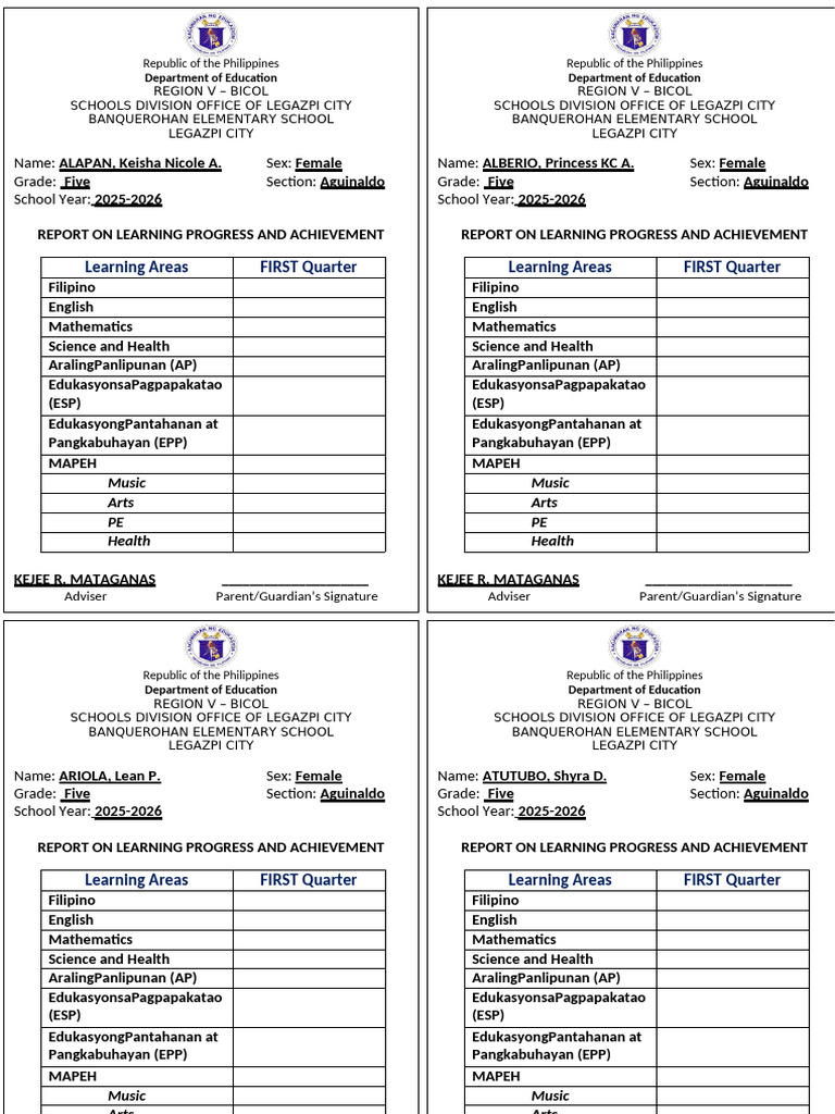 Grade 5 Learning Progress Report 2025-2026 | PDF | Philippines | Asia
