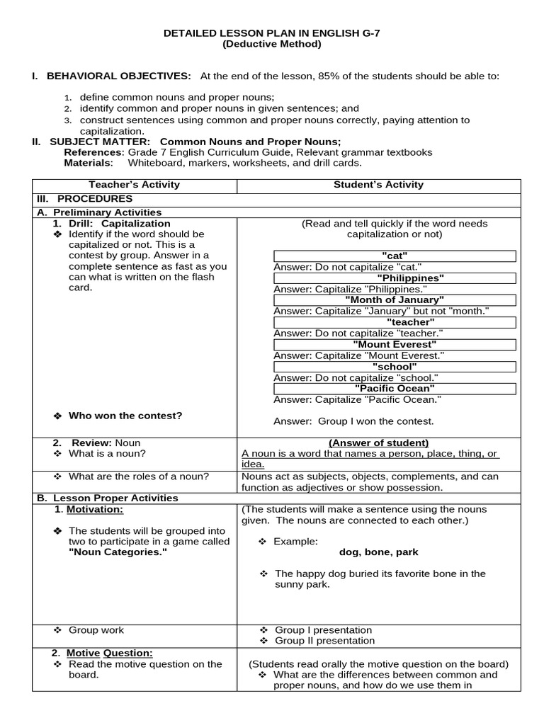 Grade 7 Lesson Plan: Nouns Explained | PDF | Noun | Lesson Plan