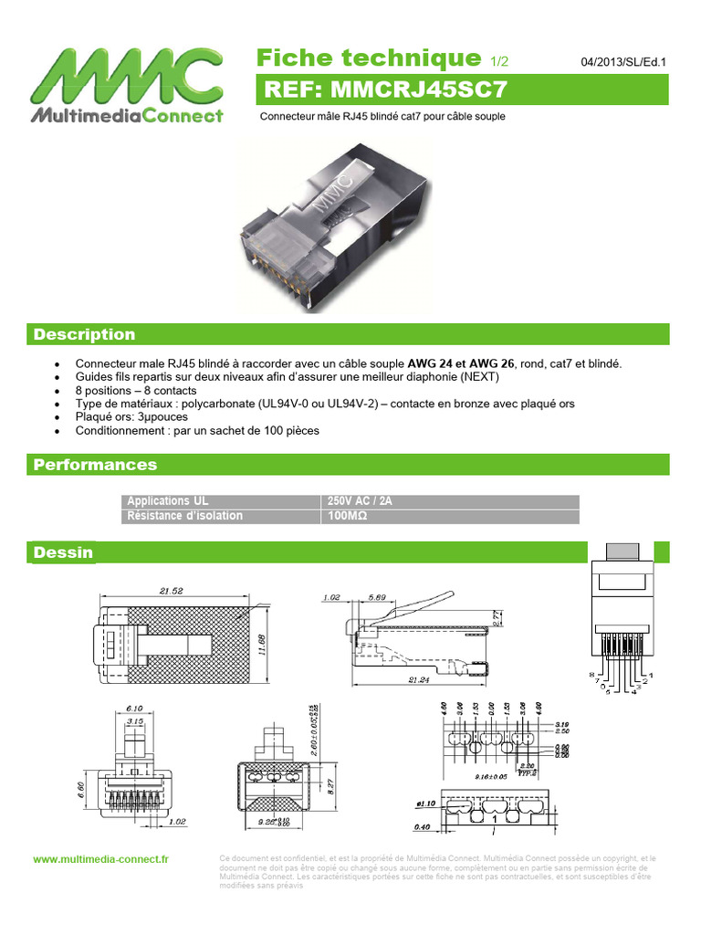 Connecteur RJ45 blindé Cat7 pour câble souple | PDF | Connectique ...