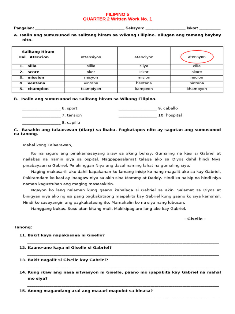 Filipino 5 Q2 WW1 | PDF