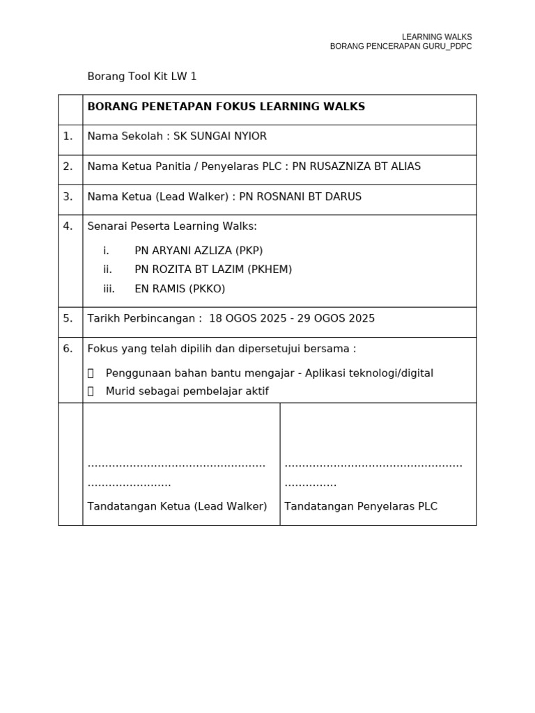Borang Learning Walks Sekolah | PDF
