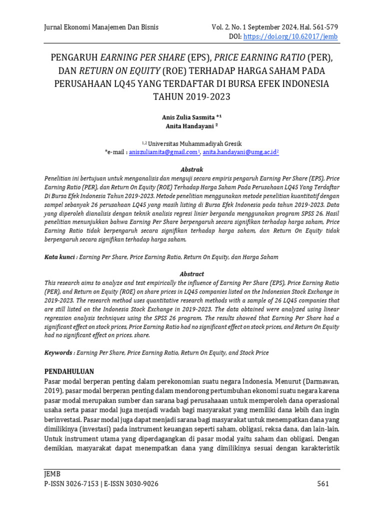 Pengaruh EPS, PER, ROE Terhadap Harga Saham | PDF