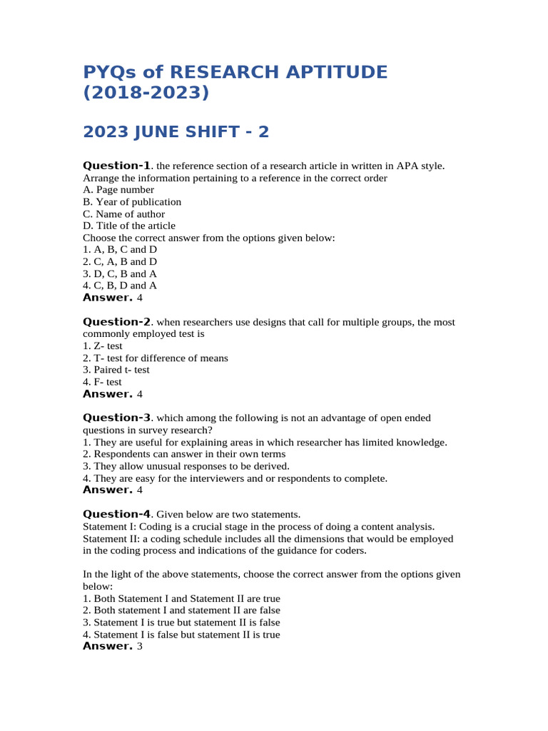 Research Aptitude PYQs (2018-2023) | PDF | Causality | Sampling ...