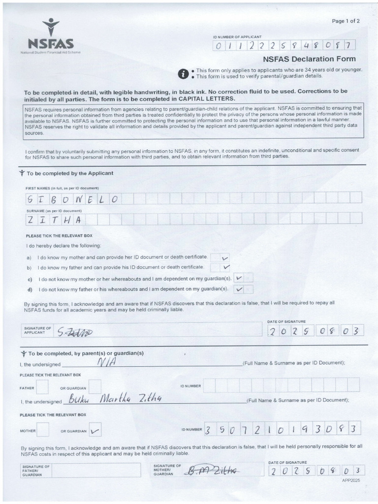 NSFAS Declaration Form Instructions | PDF
