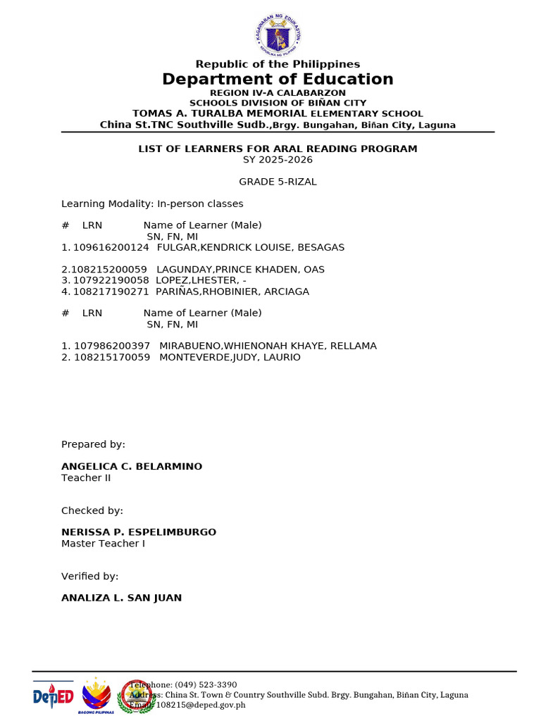 Grade 5 Aral Reading Program List | PDF