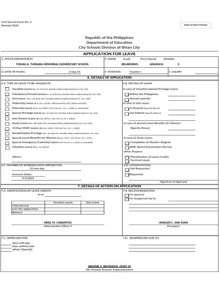 Leave Application Form for Teachers | PDF