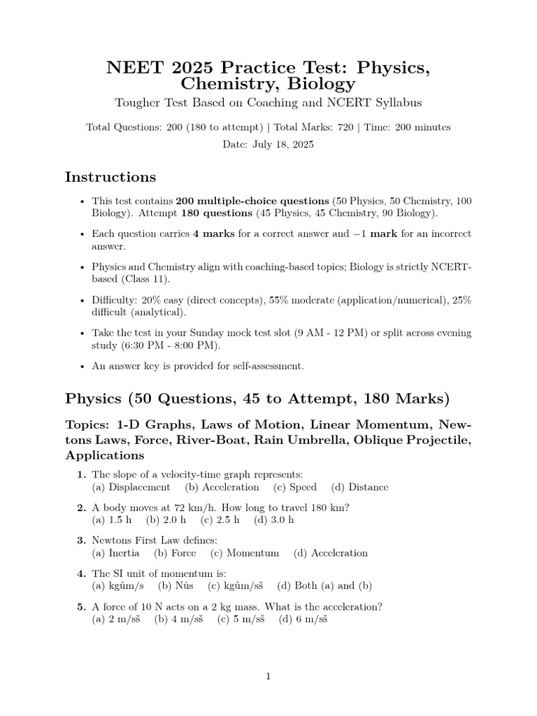 NEET 2025 Practice Test: 200 MCQs | PDF | Chemical Bond | Atomic Orbital