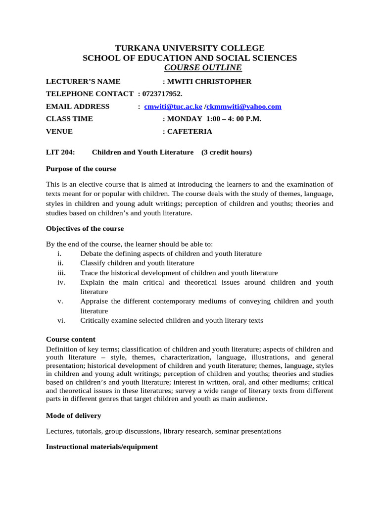 2025 Dec Lit 204 Course Outline | PDF | Young Adult Literature ...