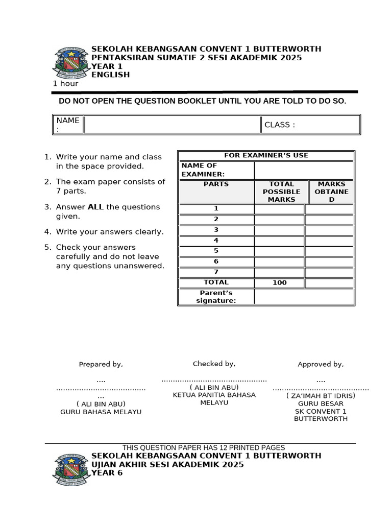 Exam Papers for SK Convent 1 Butterworth | PDF