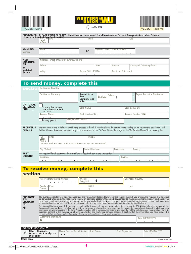 Western Union Money Transfer Form Guide | PDF | Wire Transfer | Legal ...
