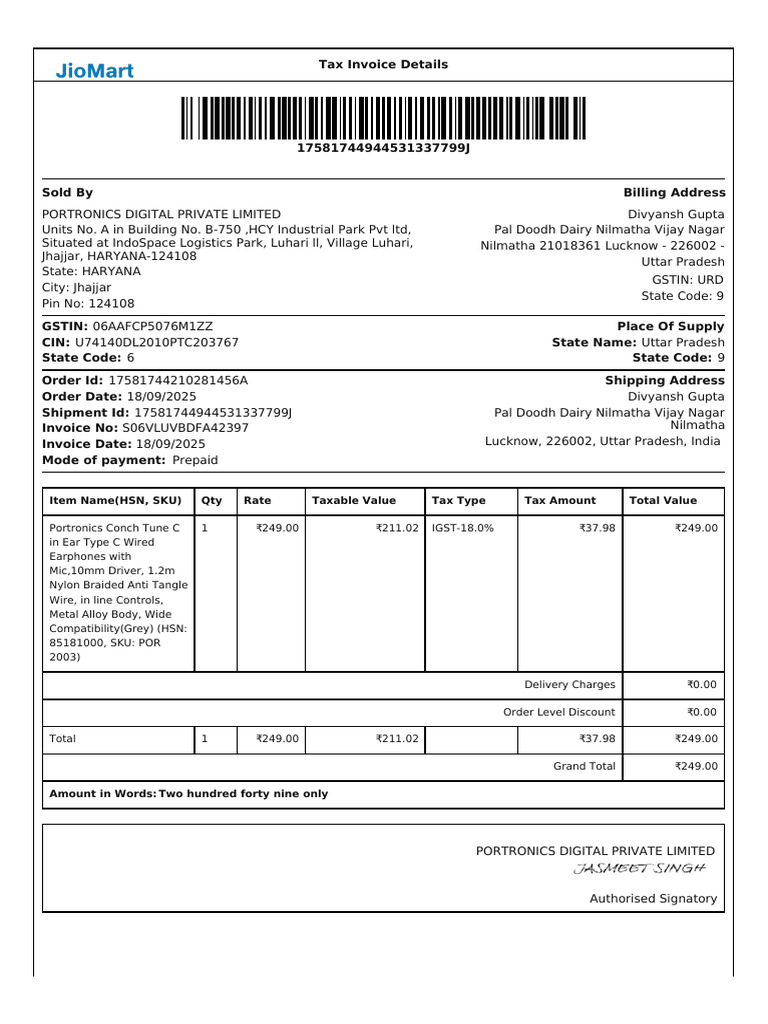 Portronics Conch Tune Invoice Details | PDF | Invoice | Payments