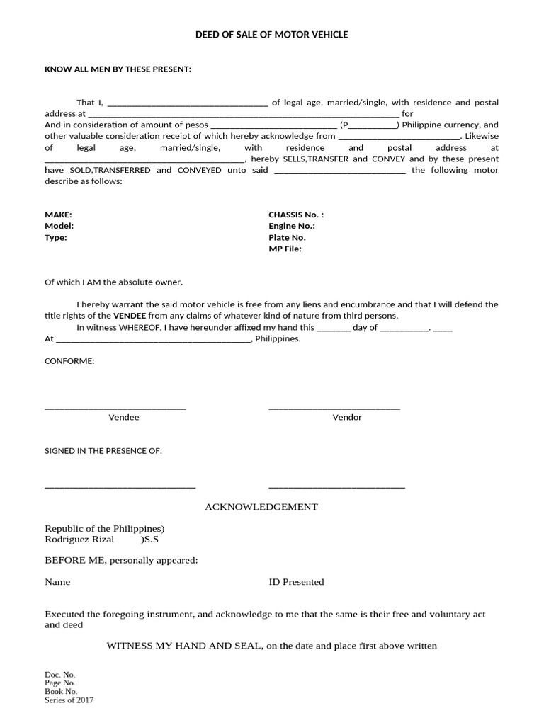 Deed of Sale of Motor Vehicle | PDF