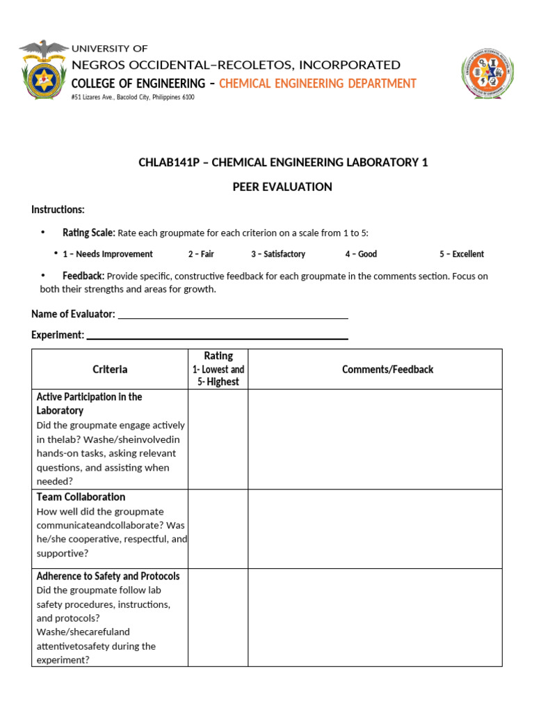 Chlab141p - Peer Evaluation Form | PDF | Engineering | Evaluation