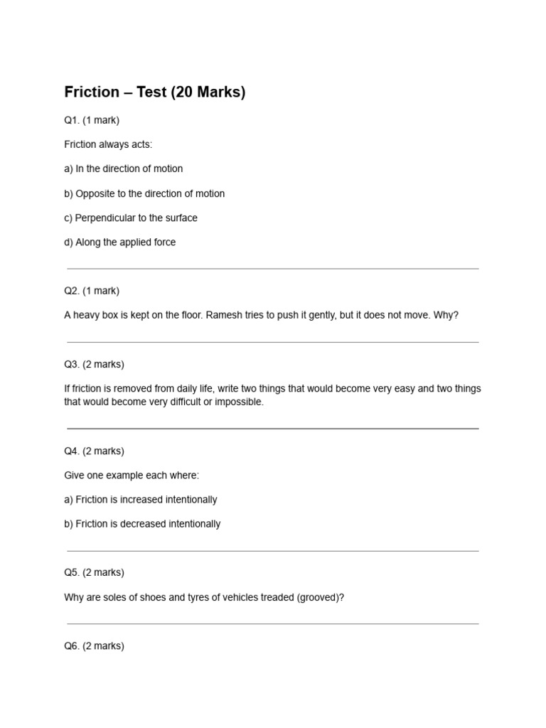 Understanding Friction: Test Questions | PDF