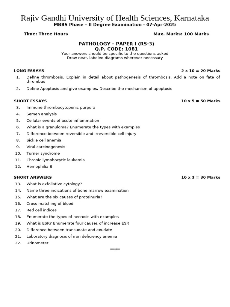 MBBS Pathology Exam Questions 2025 | PDF