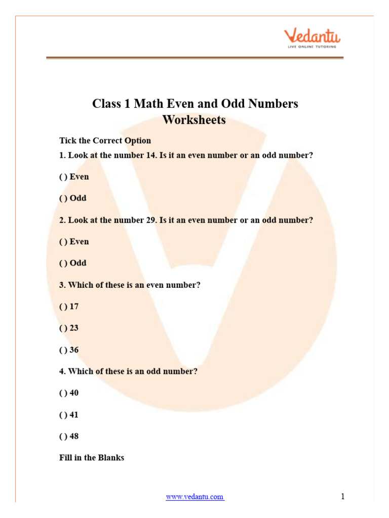 Grade 1 Odd and Even Numbers Worksheet | PDF