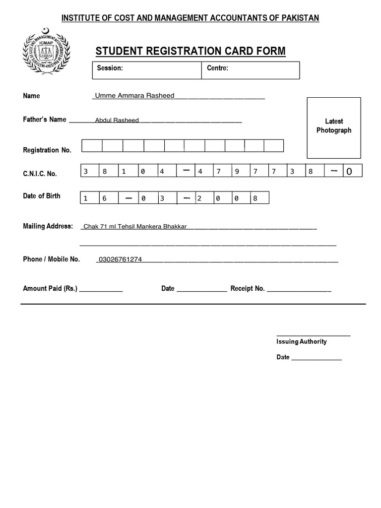 Student Registration Card Form ICMA Pakistan | PDF | Identity Document ...