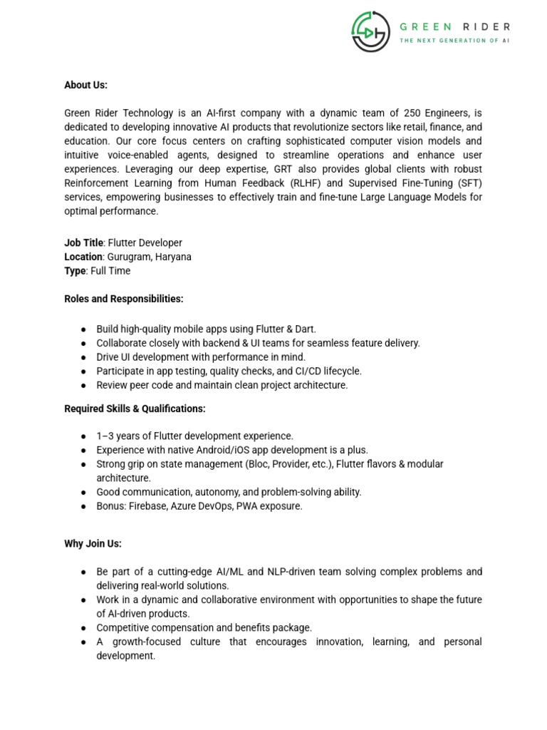 Flutter Developer Jd Green Rider Technology Pdf