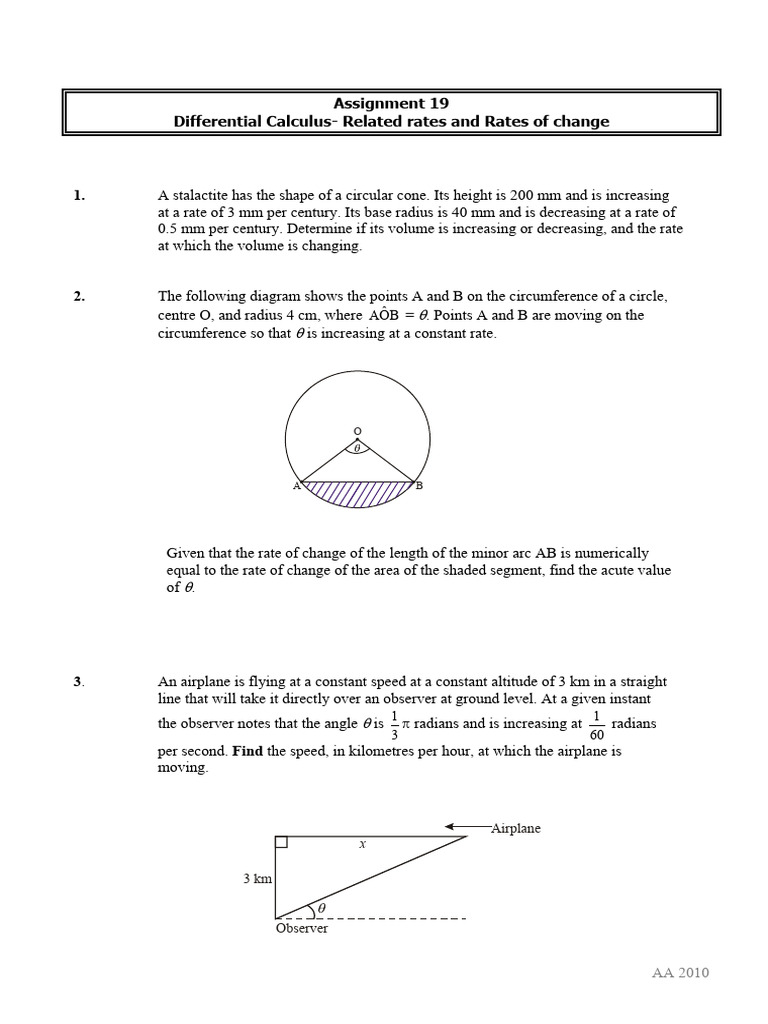 Assignment 19 - Differential Calculus - Related Rates and Rates of ...