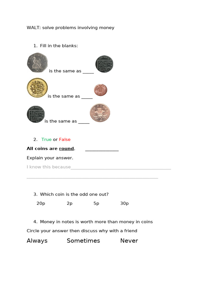 Money Problem-Solving Activities | PDF