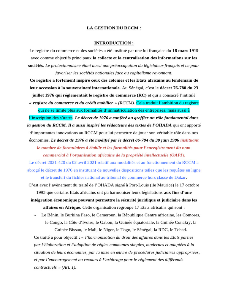 Gestion du RCCM au Sénégal | PDF