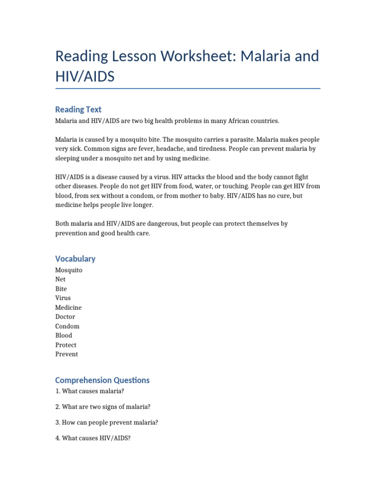 Malaria and HIV/AIDS Reading Worksheet | PDF