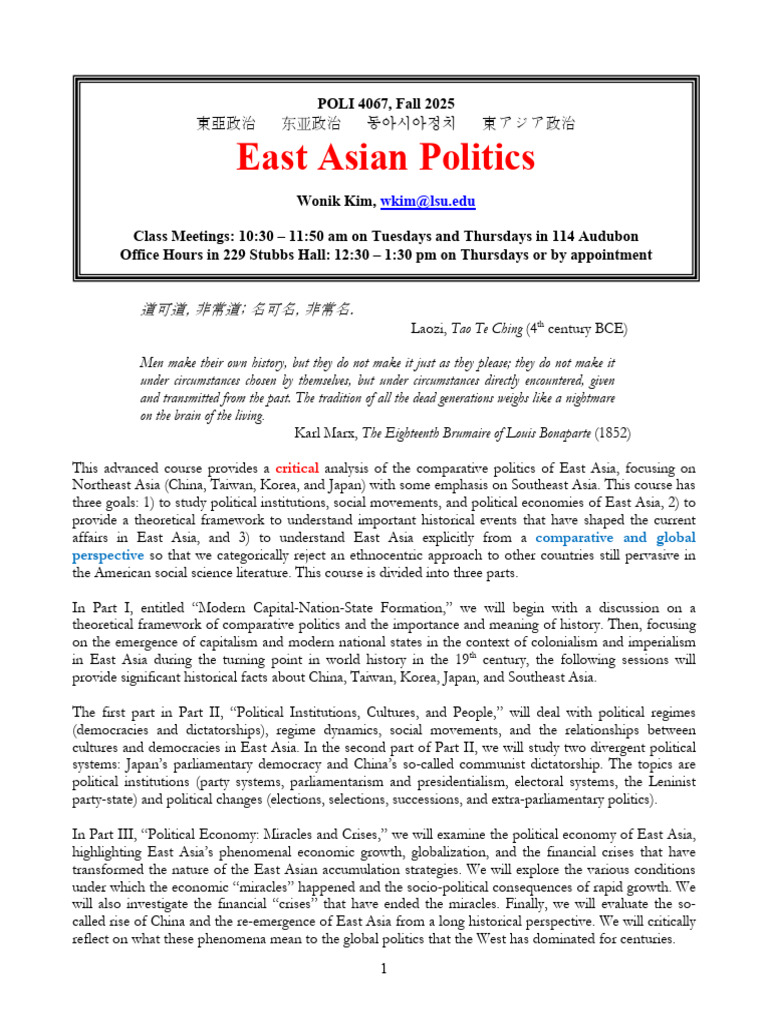 East Asian Politics Course Overview | PDF | East Asia | Kuomintang