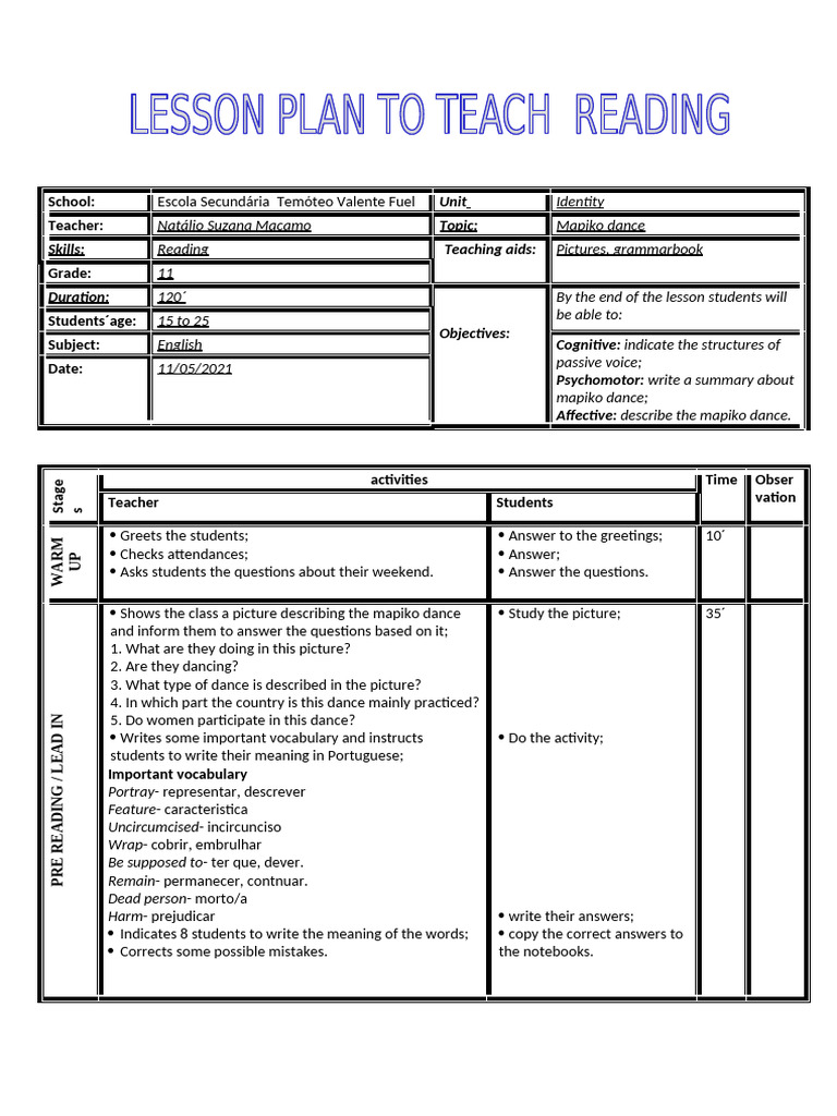 Lesson Plan For Reading | PDF | Cognition | Linguistics