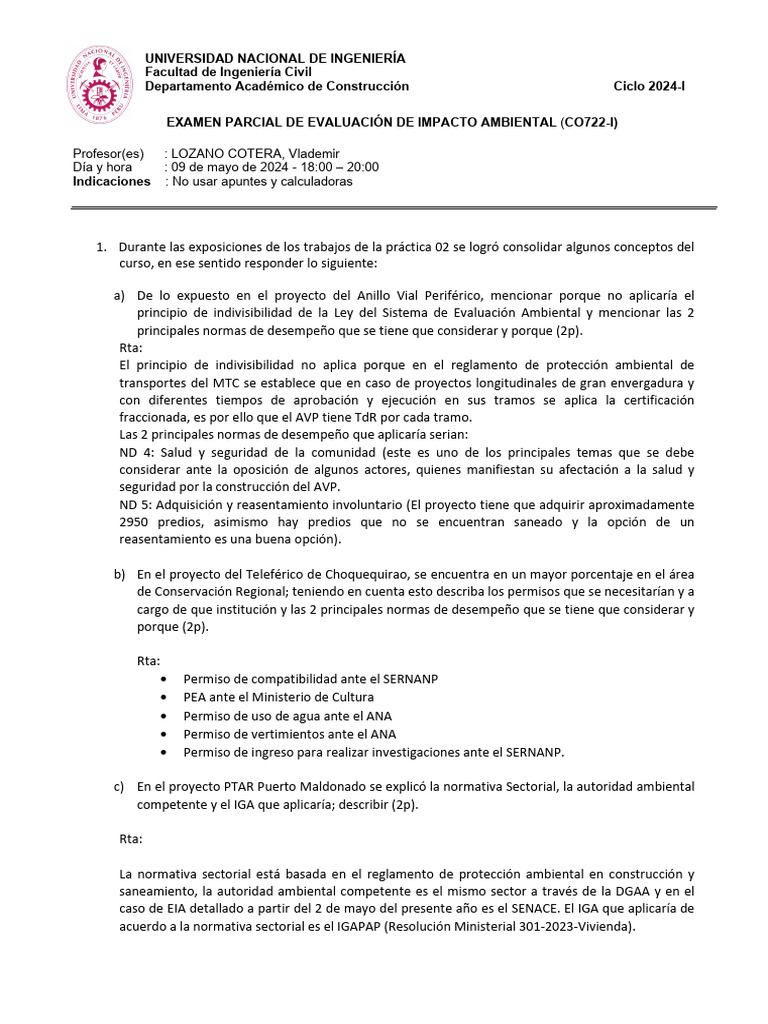 Examen de Evaluación de Impacto Ambiental 2024 | PDF | Evaluación de ...