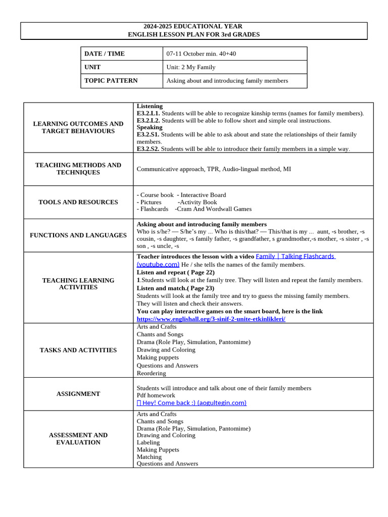 3rd Grade English Lesson Plan: My Family | PDF | Learning | Human ...