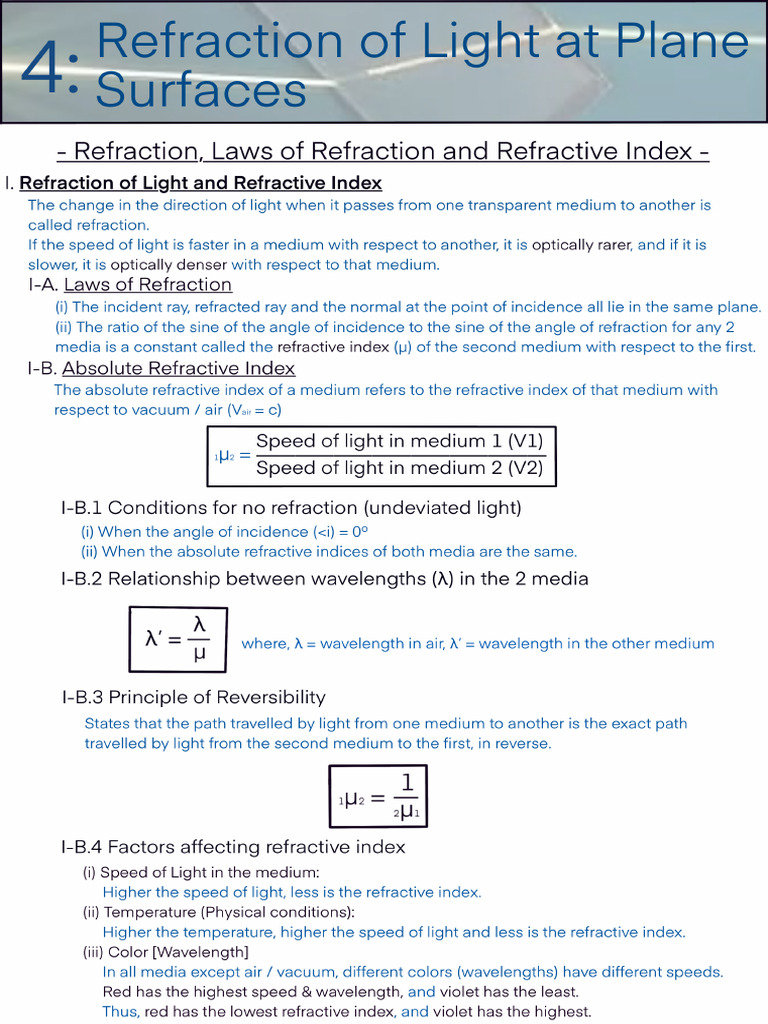Phy 4 Refraction of Light at Plane Surfaces | PDF