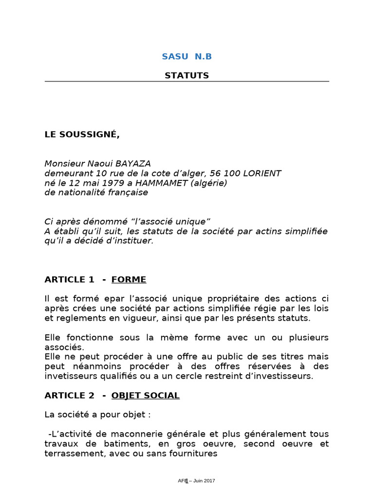 Statuts de la SASU EMG OUEST | PDF | euro | Dividende