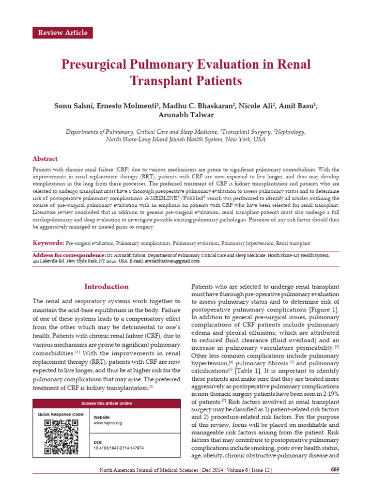 Pre Surgical Pulmonary Evaluation in Renal Transplant Patients | PDF ...