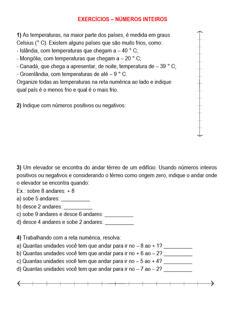 Exercícios sobre Números Inteiros | PDF
