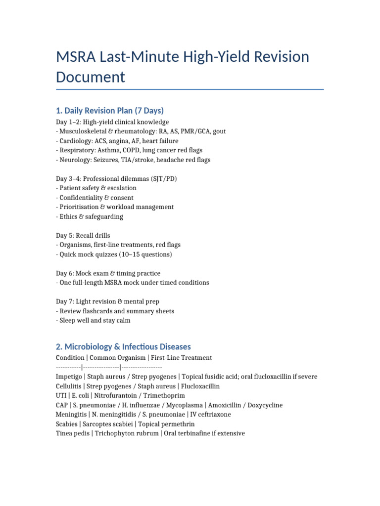 MSRA High-Yield Revision Guide | PDF | Pneumonia | Medicine
