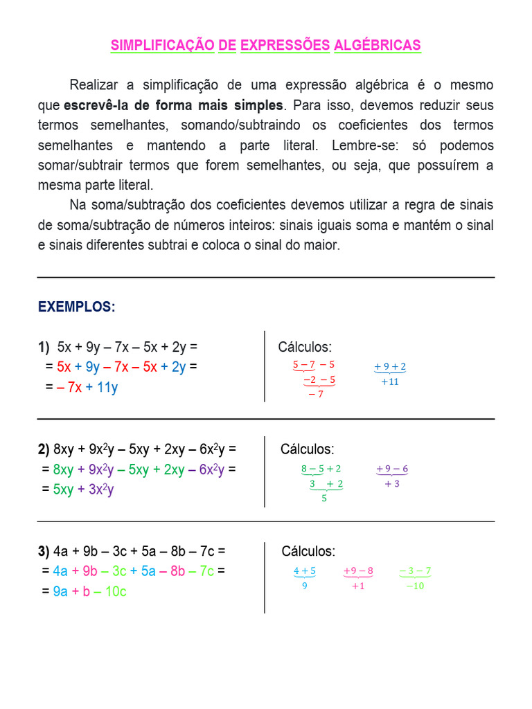 Simplificação de Expressões Algébricas | PDF