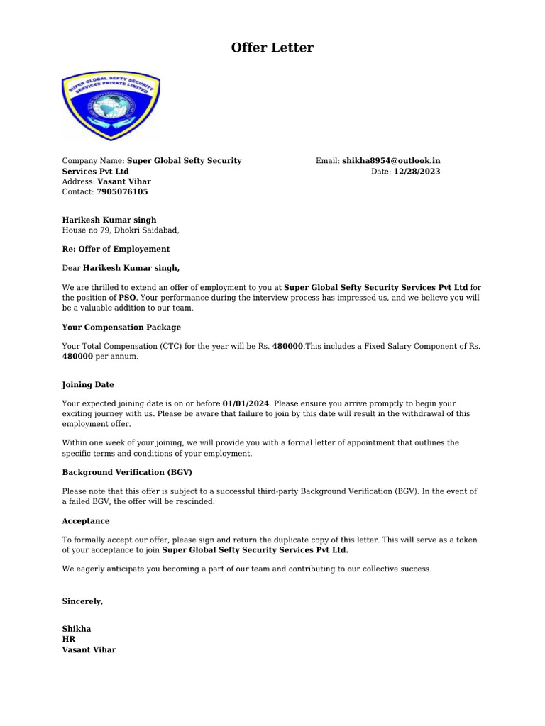 Super Global Security Job Offer Letter | PDF