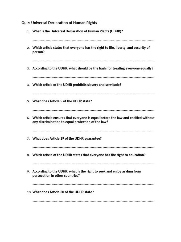 Universal Declaration of Human Rights Quiz | PDF | Human Rights ...