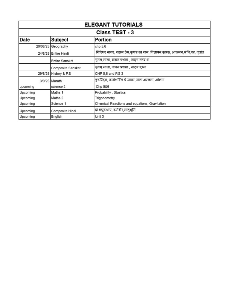 X Class Test 3 Schedule | PDF