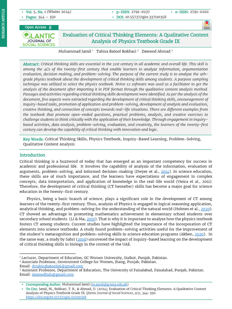 Evaluation of Critical Thinking Elements: A Qualitative Content ...