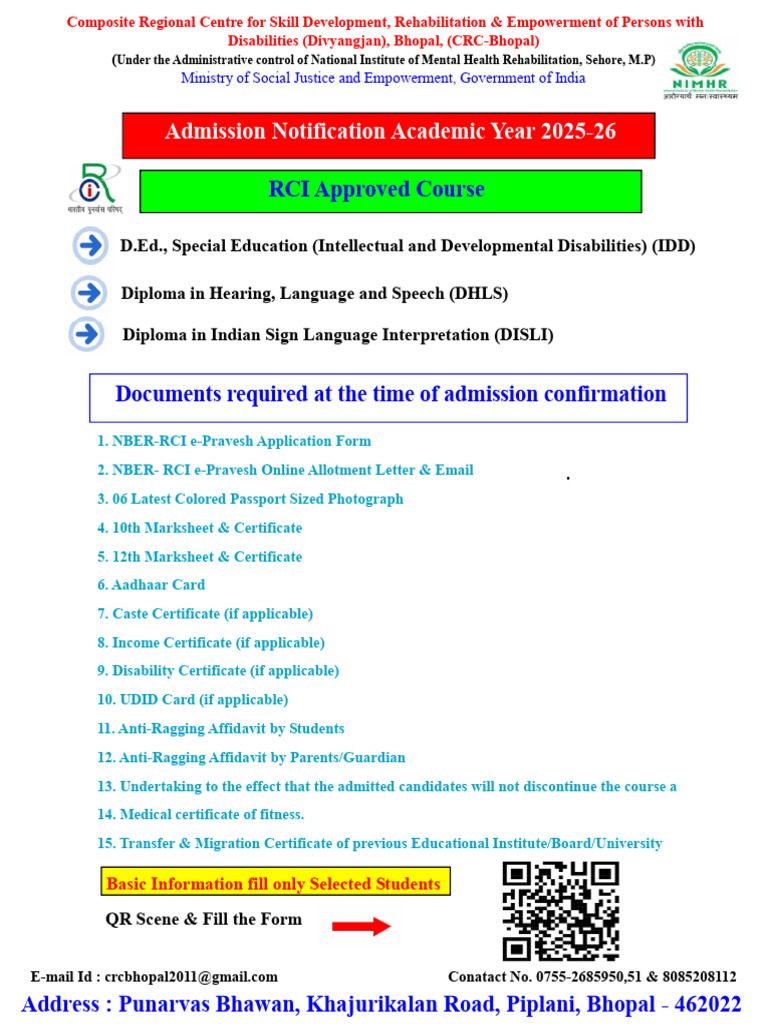 CRC Bhopal Admission Notification 2025-26 | PDF
