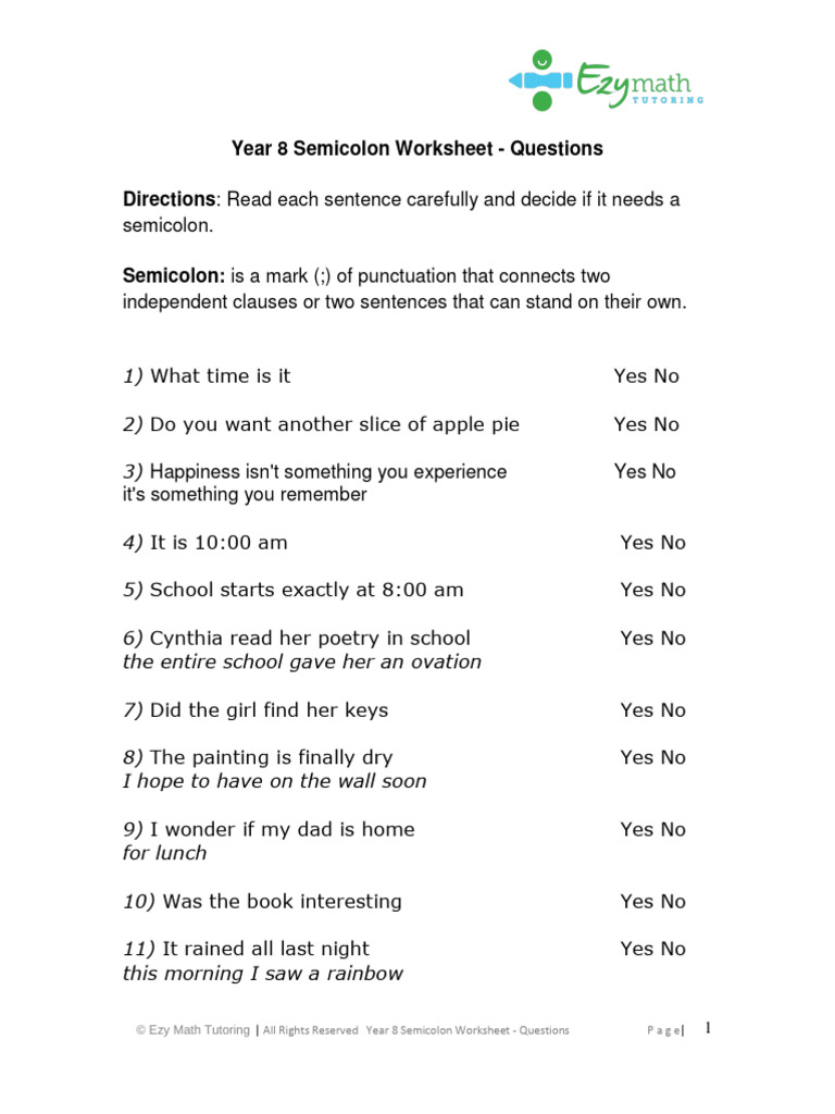 Year 8 Semicolon Worksheet PDF | PDF