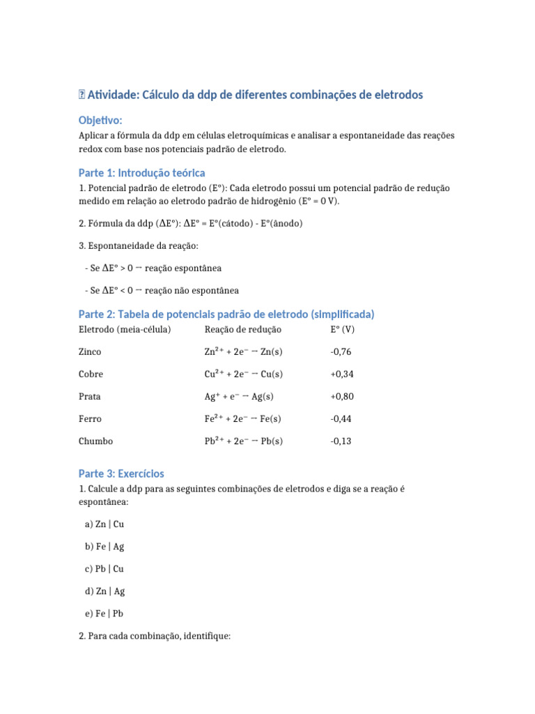 Cálculo de DDP em Células Eletroquímicas | PDF