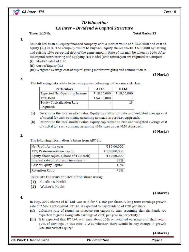 CA Inter FM Test 8: Dividend & Capital Structure | PDF
